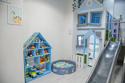 Лофт Облака. Зал Баунти на Полярной. Детская игровая зона с горкой, стеной в виде дома и игрушечным домиком. Голубой стеллаж с игрушками и круглым бассейном с мягкими шарами. Светлые стены, частичное зелёное растение на стене, картина с тигром.