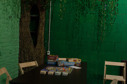Хендмейдщики. Лофт в лесной тематике. Зал с зелёными кирпичными стенами, декорацией в виде ствола дерева и висящей листвой. Чёрный стол с настольными играми и карточками. Деревянные стулья. Освещение уютное и приглушённое, розетка на стене.