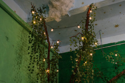 Хендмейдщики. Лофт в лесной тематике. Зеленая комната с декоративными ветвями, обвитыми гирляндой мелких лампочек. Стены и потолок окрашены в зеленые и голубые оттенки с рисунками звезд. Плотная растительность украшает интерьер, добавляя естественные элементы.
