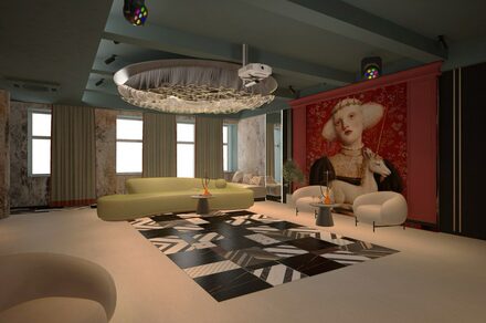 Стильное пространство Астрид. Просторное помещение с диванами и креслами, столы с напитками. Стены с высокими окнами, задрапированные шторами. На одной стене картина с женским портретом. Потолок с лампами и проектором. Современный ковер на полу, круглая люстра. Шероховатая стена.