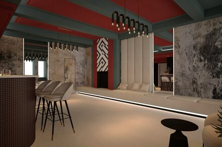 Стильное пространство Астрид. Современное пространство с высоким потолком и балками. Мягкие светлые скамьи вдоль стены, барная стойка с высокими стульями, подвесные светильники. Стены с абстрактными узорами. Потолок красно-серый, светлый пол. Светильники в черных подвесах.