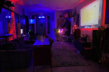 GB Rooms(ГБ Румс). Лофт №2. Комната с диванами и креслами, прямоугольный стол, проектор с экраном. Яркое разноцветное освещение, неоновые вывески, настенные постеры. Ковёр с зебровым узором, растения в горшках. Потолочные светильники, мебель из тёмных материалов.