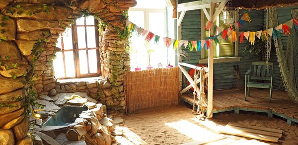 Studio with sea sand and waterfall