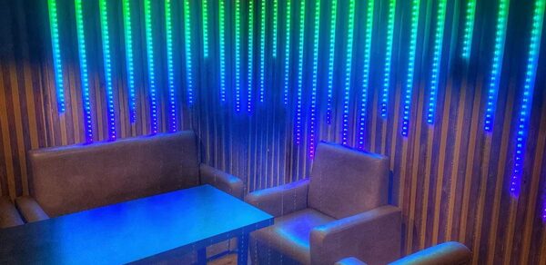 Forest(Лес). Угловое пространство с деревянными панелями на стенах, оборудовано мягкими диванами и прямоугольным столом. Вертикальные светодиодные полосы на стене создают разноцветное освещение. Цветовая палитра включает коричневый, синий, зелёный, и красный.