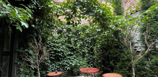 Лофт со своим двориком. Внутренний дворик с византийскими стенами из кирпича, покрытыми плющом. Три круглых металлических стола с красными столешницами стоят на мощеной поверхности. Окружение из густой зелени и деревьев.естки.