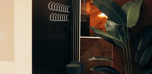 Антикафе с несколькими залами. Современное помещение с черными вертикальными панелями и встроенными вешалками на стене. Темные цилиндрические пуфы с золотыми ножками. Большое зеленое растение у стены. Стены коричневых и черных тонов. Светлый пол с кафельной плиткой.