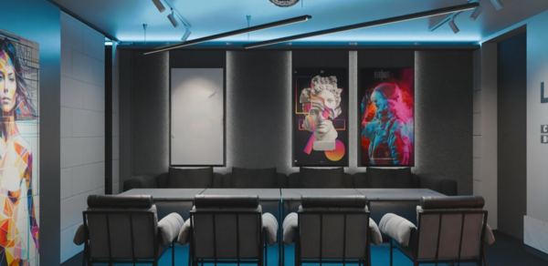 Стильный лофт с камином с верандой на крыше