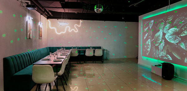 Просторный лофт-зал в зелёных цветах