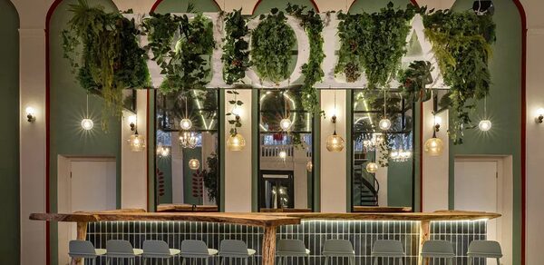 Viola Loft (Виола Лофт). Просторный и светлый лофт с панорамным видом в парк. Барное пространство с длинной деревянной стойкой и серыми стульями. Вверх украшен зеленью и светильниками. На заднем плане большие зеркала и арочные ниши. Стены светло-зеленые, акцент выполнен красной аркой. Освещение теплое.
