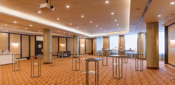 Стильный зал с большими окнами