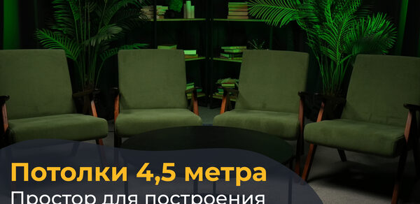 Лофт Восторг. Комната с зелеными креслами, черным круглым столом и зелеными растениями. На заднем плане полки с книгами и декоративными элементами. Освещение приглушенное, акцент на зелени. Текст: "Потолки 4,5 метра Простор для построения правильной картинки".