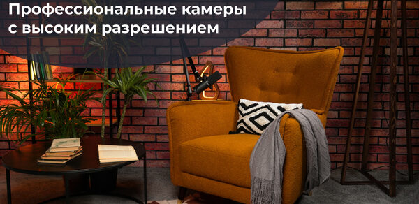 Лофт Позитив. Кирпичная стена, рыжее кресло с подушкой и пледом, металлический торшер, круглый кофейный столик с книгами, растения в горшках, коричнево-белый ковер на сером полу, надпись «Картинка 4K Профессиональные камеры с высоким разрешением».