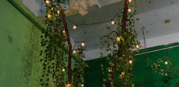 Хендмейдщики. Лофт в лесной тематике. Зеленая комната с декоративными ветвями, обвитыми гирляндой мелких лампочек. Стены и потолок окрашены в зеленые и голубые оттенки с рисунками звезд. Плотная растительность украшает интерьер, добавляя естественные элементы.