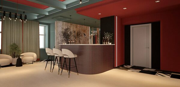 Стильное пространство Астрид. Просторное помещение с барной стойкой и тремя высокими стульями. Потолок декорирован светильниками в черных рамках. На полу ковровое покрытие светлого оттенка и черные плитки у стойки. Справа дверь, стены красные. Напротив окна в мягких шторах.