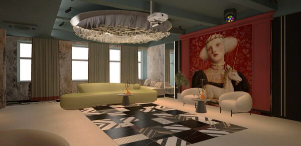 Стильное пространство Астрид. Просторное помещение с диванами и креслами, столы с напитками. Стены с высокими окнами, задрапированные шторами. На одной стене картина с женским портретом. Потолок с лампами и проектором. Современный ковер на полу, круглая люстра. Шероховатая стена.