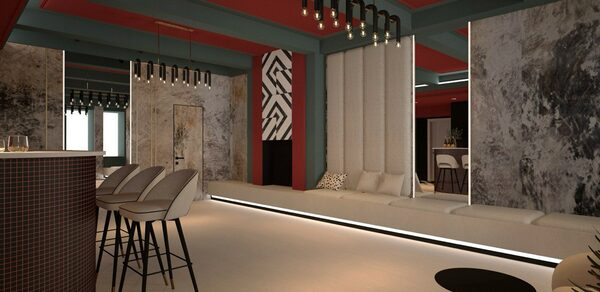 Стильное пространство Астрид. Современное пространство с высоким потолком и балками. Мягкие светлые скамьи вдоль стены, барная стойка с высокими стульями, подвесные светильники. Стены с абстрактными узорами. Потолок красно-серый, светлый пол. Светильники в черных подвесах.