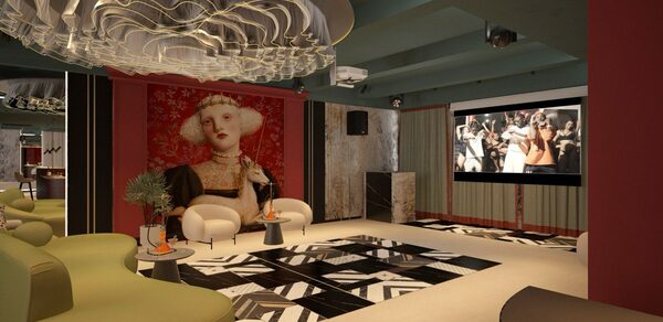Стильное пространство Астрид. Просторное помещение в современном стиле с диваном оливкового цвета, двумя белыми креслами, круглым столиком, черно-белым узорным полом. Настенная картина с женским портретом, большой экран с изображением. Потолок с декоративной панелью и светильниками.