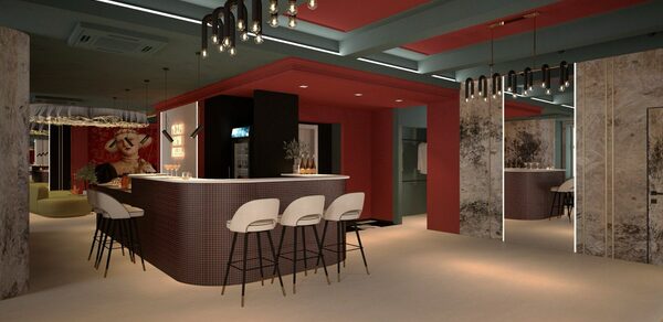 Стильное пространство Астрид. Барная стойка с тремя высокими стульями, деревянное оформление. Подвесные светильники с лампами. Красные и серые стены, светлый пол. Зеркальные панели на стенах. Арочные элементы в потолке, вентиляционные решетки.