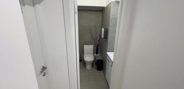 Уютный тренинговый зал на Таганской. Дверной проем ведет в небольшую уборную с туалетом. Серые плиточные стены, белый унитаз, диспенсер для мыла, белая раковина с тумбой. На полу светлая плитка. В углу ваза с декоративными ветками. Белая дверь открыта.