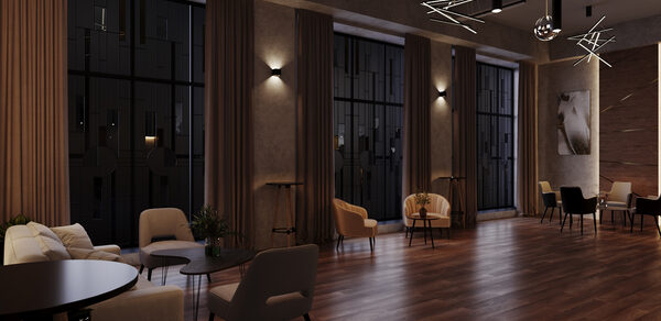 Лофт Мираж. Современное просторное помещение с деревянным полом, большими окнами и длинными шторами. Мягкая мебель в светлых тонах, круглые столы, декоративное освещение на потолке. Настенные светильники, картина на стене.