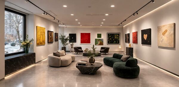 Level 5(Лэвел 5). Галерейное пространство с серым полом и белыми стенами, украшенное картинами в ярких цветах. Центральная часть обставлена диванами круглой и прямоугольной формы, кофейный столик с декором. Настенные светильники, большие окна, комнатные растения.