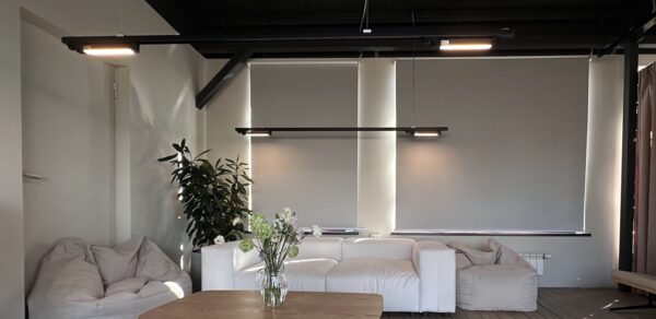 Пространство с террасой до 50 человек. Современная гостиная с деревянным полом, белым диваном, бежевыми креслами-мешками, деревянным журнальным столиком. Белые жалюзи на окнах, две подвесные лампы сверху. Черные потолочные балки, зеленое растение в углу, на столе ваза с цветами.