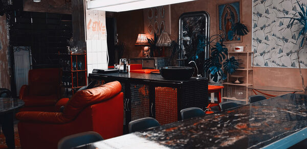 Лофт Делюкс. Лофт-пространство с барной стойкой, украшенной красными элементами. Красные мягкие кресла, светильники на стенах, под потолком прямоугольный светильник. Стена с растительным узором, деревянные и металлические детали интерьера, комнатные растения.