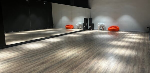 The Flow Space(Пространство Поток). Просторное помещение с зеркальной стеной, светлый ламинат, темные стены. Освещение прожекторами. В углу два стула, оранжевый пуф и звуковое оборудование. Состояние отличное.