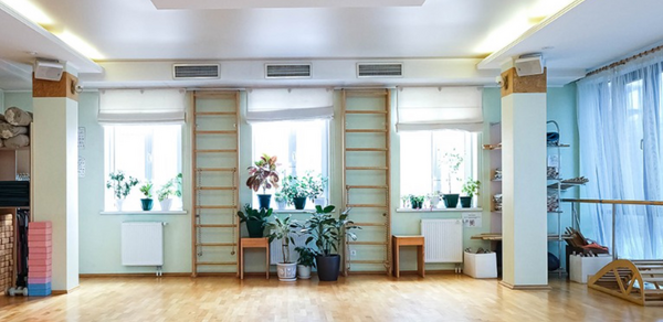 Спортзал Йога-студия площадью 100 м². Просторное светлое помещение с деревянным полом, на стенах шведские стенки, перед окнами горшки с растениями, два стула. В потолке квадратная ниша с кондиционером, многоуровневое освещение. Слева и справа полки с инвентарем.