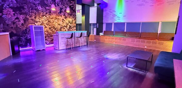 Barshowplace (БарШоуПлейс). Лофт для вечеринок с коктейльным баром . Просторное помещение с барной стойкой и стульями, диванами у стены. Темный деревянный пол, цветное освещение, декоративные обои с растительным рисунком. Белая кирпичная стена, разноцветные световые проекции. Люстра на потолке.