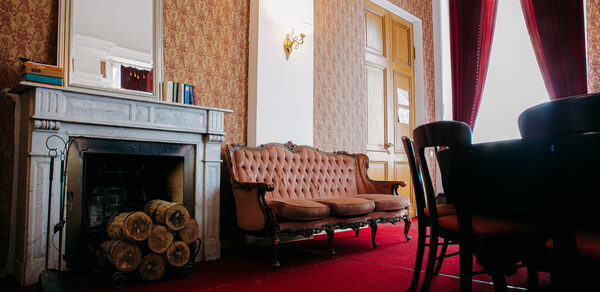 Зал с камином и мебелью в антикварном стиле