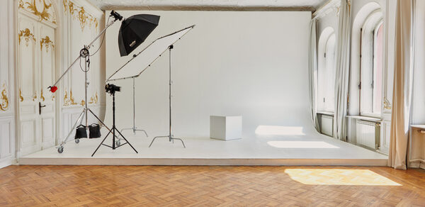 Большой светлый зал в классическом стиле с камином