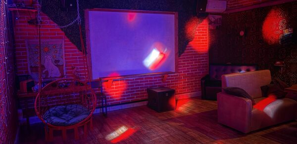 Лофт Форест. Кирпичные стены, паркетный пол, проекторный экран, диван, кресло в форме подвесной корзины, стены декорированы узорами и декоративными элементами, разноцветное освещение.
