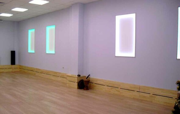 Yoga room with laminate