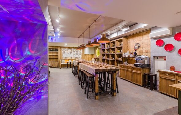 Нора. Оборудованный зал. Высокие накрытые столы. Кухонное оборудование. Светомузыка