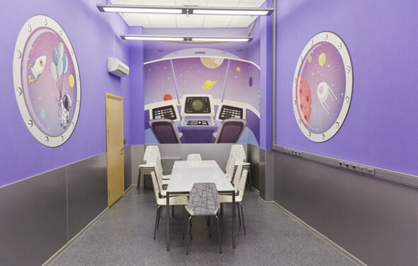Hall in the cafe in the form of a spaceship