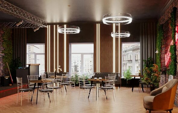 Панорамный лофт с камином