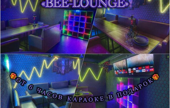 Bee-lounge(Пчела-лаундж). Караоке-зал с деревянными столами и обитыми стульями, неоновое освещение в виде зигзагов, цветной светильник и экран на стене. Стены с узором в виде сот. Надписи: «BEE-LOUNGE» и «от 6 часов караоке в подарок».