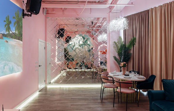 Rubin Loft (Рубин Лофт). Лофт Пинки. Комната в светло-розовом цвете с зеркальной стеной, деревянным полом, круглым столом и мягкими стульями. Декорирована растениями и картинами с пляжными мотивами. Над столом подвесной светильник. Великие шторы отделяют часть пространства.