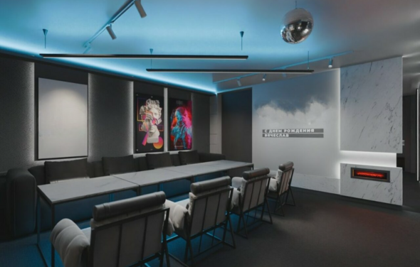 Стильный лофт с камином с верандой на крыше