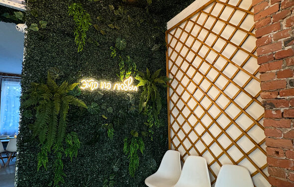 White Loft(Белый лофт). Уютный светлый лофт . Стена с искусственной зеленью и неоновая надпись, рядом деревянная решетка, часть кирпичной стены. Три белых стула. Освещение мягкое, теплое.