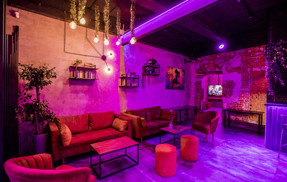 Дизайнерский лофт с караоке и активностями возле метро. Лофт-пространство с кирпичными стенами, диванами и креслами красного цвета, низкими столиками, полками с декором. Освещение фиолетовое и теплое. На стенах растительные декорации и картины. Телевизор у стены, декоративные лампы на потолке.