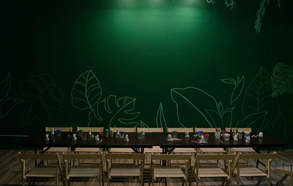 Хендмейдщики. Лофт в лесной тематике. Большой стол с рядами светлых деревянных стульев, расположенный перед зеленой стеной с изображениями листьев. На столе расставлены различные предметы. Светлый деревянный пол, точечное освещение сверху.