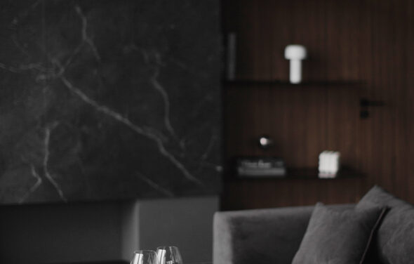 Mimika(Мимика). Просторная фотостудия. Современное пространство с темной мраморной отделкой стены, серым диваном, стеклянными бокалами на столе. Деревянная стена-панель с открытыми полками, на которых размещены книги и белый декор. Мягкое освещение, минималистичный стиль.