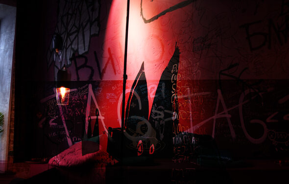 Винный бар “Дело не в вине”. Темное помещение с граффити на стенах, розово-красное освещение. Видны подвесные светильники с лампочками Эдисона. На переднем плане подушка и декоративный элемент в виде черного кролика с большими ушами.