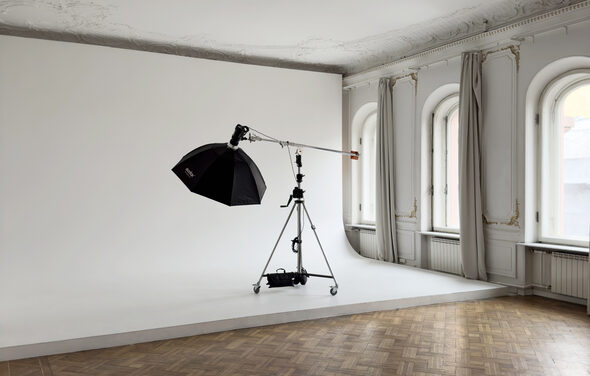 Большой светлый зал в классическом стиле с камином