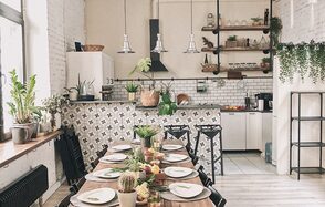 Loft with kitchen in white brick