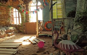 Studio with sea sand and waterfall