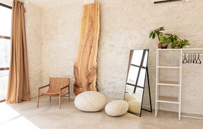 White hall with a staircase and a panoramic window