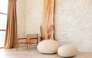 White hall with a staircase and a panoramic window